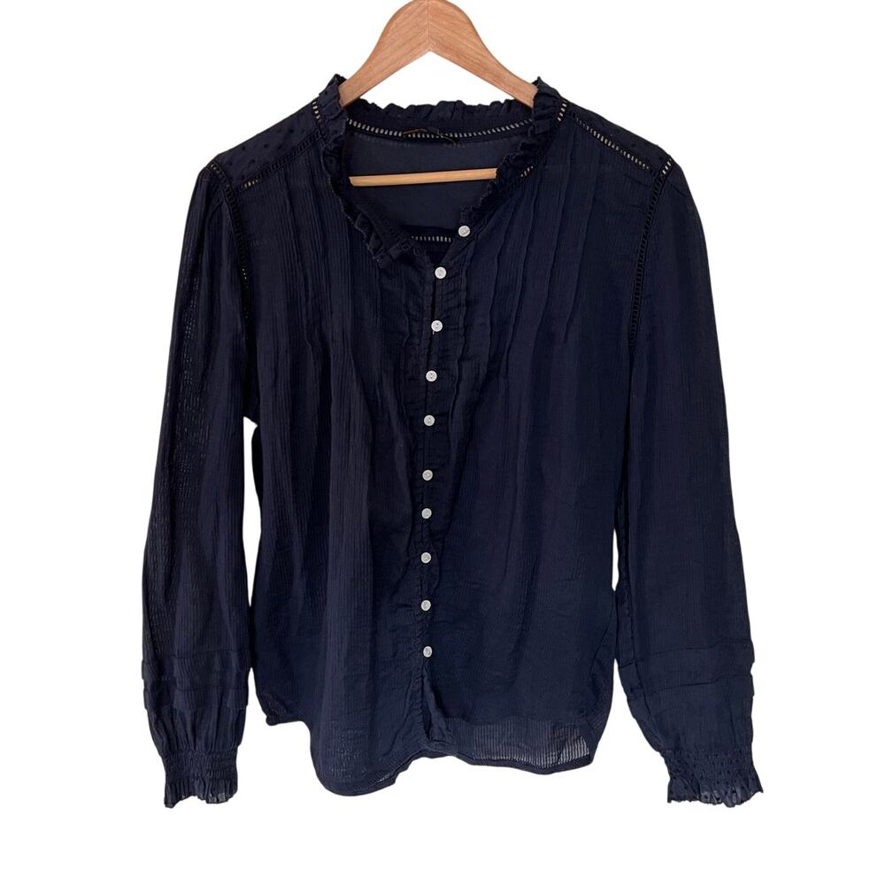 Quince Peasant Blouse Size Large Navy Organic Cotton Victorian Pintuck Ruffles